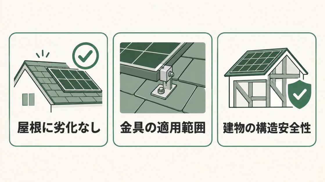 スレート屋根に太陽光パネルを設置する前に、屋根の劣化、支持金具の適用範囲、建物の構造安全性を確認することを示す図解