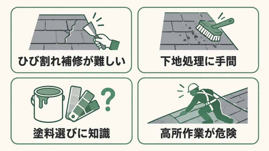 ひび割れ補修の難しさ、下地処理の手間、塗料選びに必要な知識、高所作業の危険という屋根塗装をDIYしにくい4つの理由を示す図解