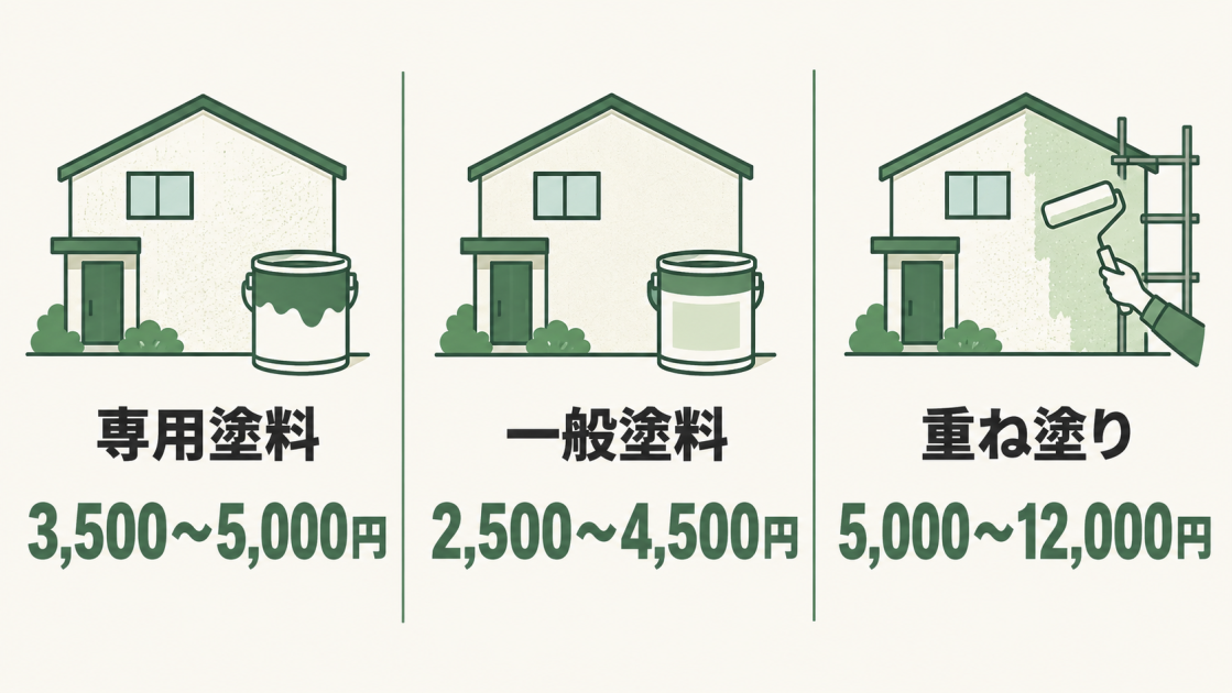 ジョリパット外壁の1平方メートルあたりの費用目安を、専用塗料3,500〜5,000円、一般塗料2,500〜4,500円、重ね塗り5,000〜12,000円で比較した図解