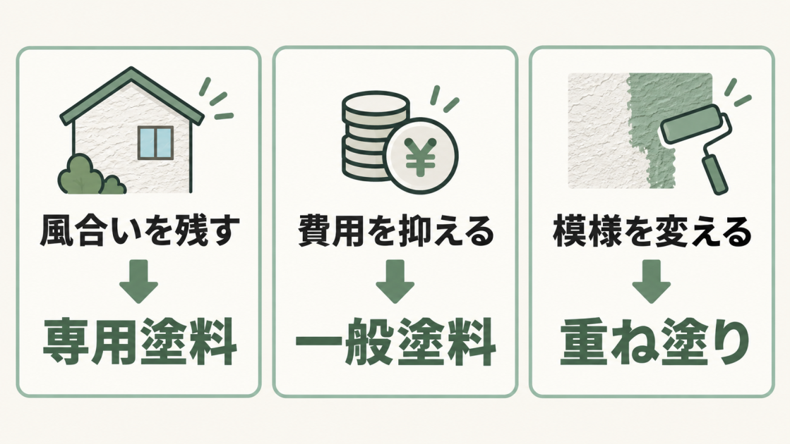 風合いを残すなら専用塗料、費用を抑えるなら一般塗料、模様を変えるなら重ね塗りという選び方を示した図解