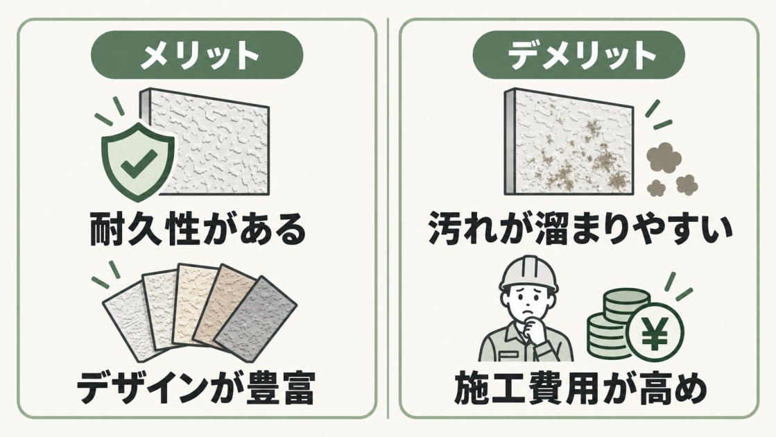 ジョリパット外壁は耐久性とデザイン性に優れる一方、汚れが溜まりやすく施工費用が高めであることを対比した図解