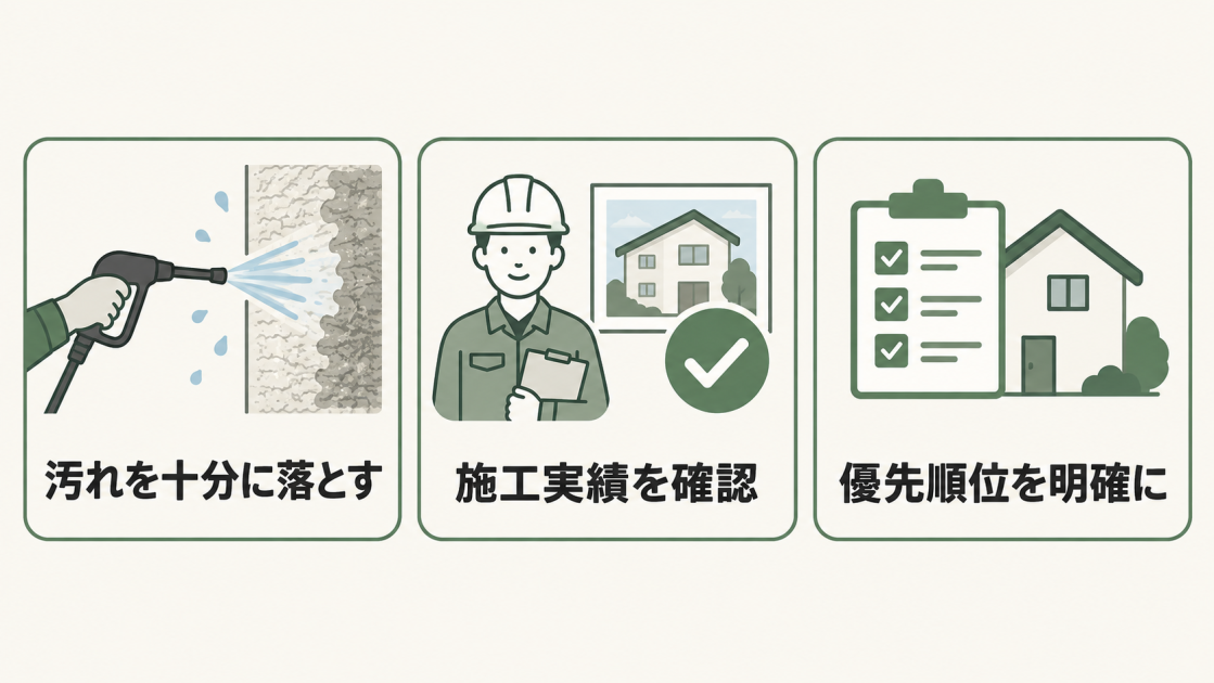 ジョリパット外壁の塗り替えで、汚れを十分に落とすこと、施工実績を確認すること、優先順位を明確にすることを示した図解