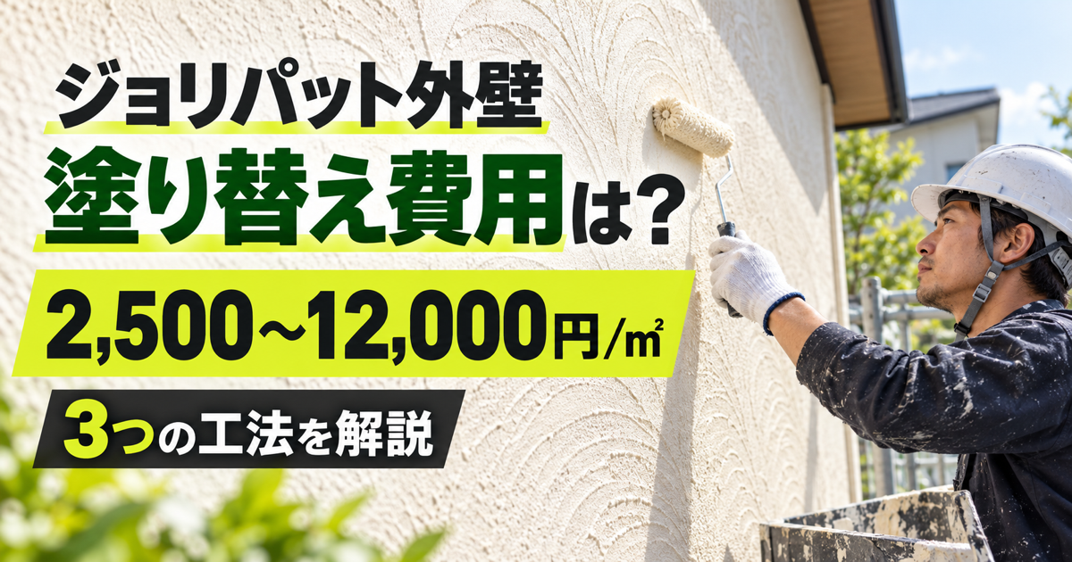 「ジョリパット外壁 塗り替え費用は?2,500~12,000円/㎡、3つの工法を解説」の文字と、外壁をローラーで塗装する作業員