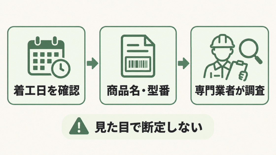 着工日、商品名と型番、専門業者の調査でアスベスト屋根を確認し、見た目だけでは断定しないことを示す図