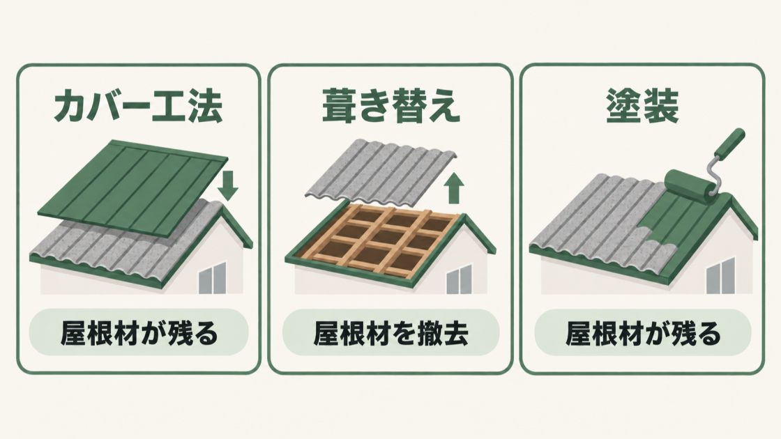 カバー工法と塗装では既存のアスベスト屋根材が残り、葺き替えでは屋根材を撤去する違いを示す図