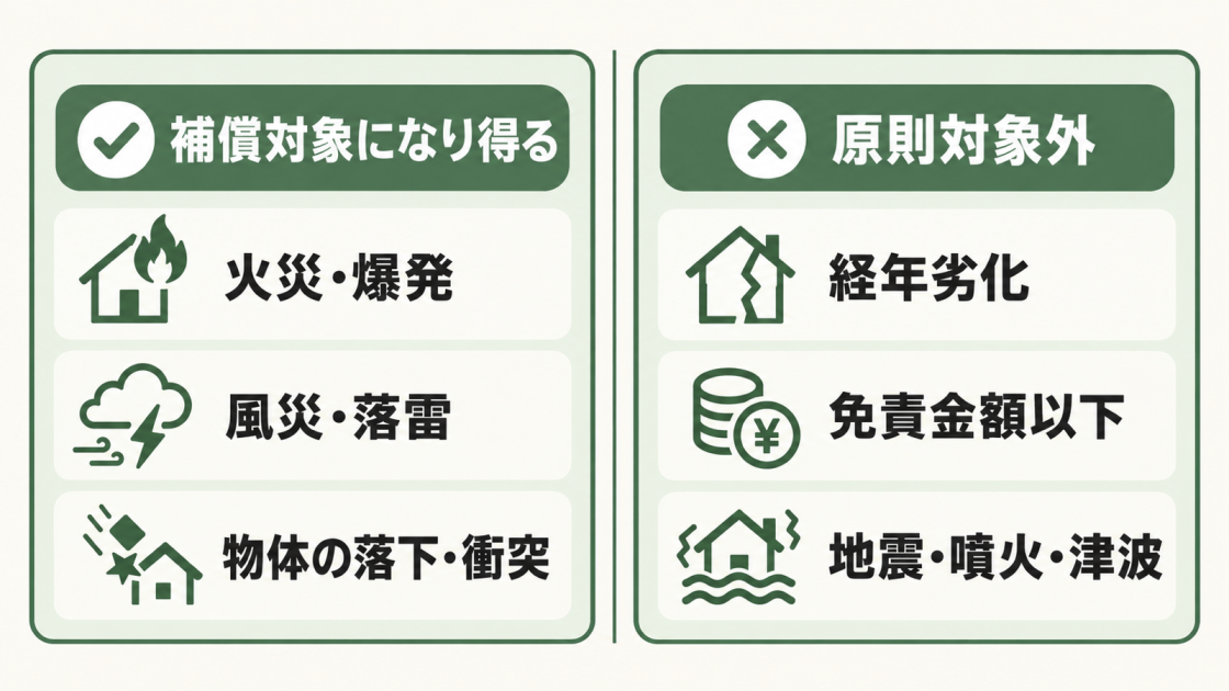 火災・爆発、風災・落雷、物体の落下・衝突は補償対象になり得る一方、経年劣化、免責金額以下、地震・噴火・津波は原則対象外であることを比較した図解