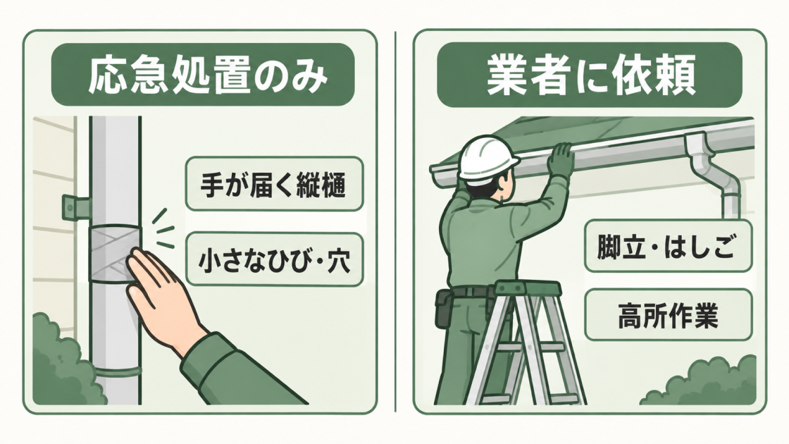 手が届く縦樋の小さなひびや穴は応急処置にとどめ、脚立やはしごを使う高所作業は業者に依頼することを示した図解