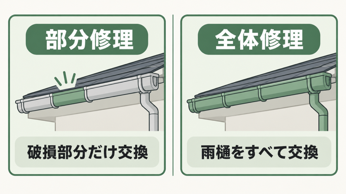 破損部分だけを交換する部分修理と、雨樋をすべて交換する全体修理の違いを示した図解