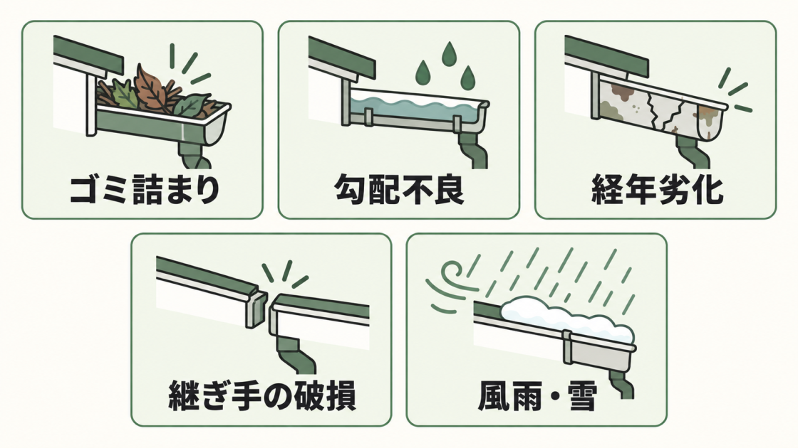 ゴミ詰まり、勾配不良、経年劣化、継ぎ手の破損、風雨・雪という雨樋の主な劣化原因を示した図解