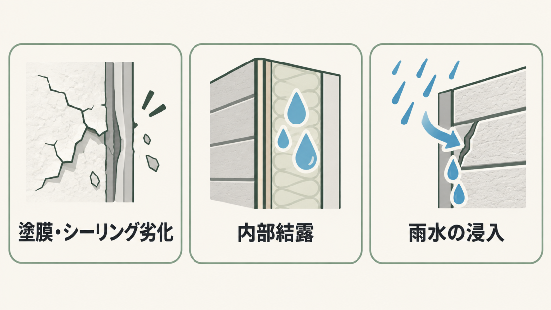 外壁腐食の主な原因である塗膜・シーリング劣化、内部結露、雨水の浸入を示す図解