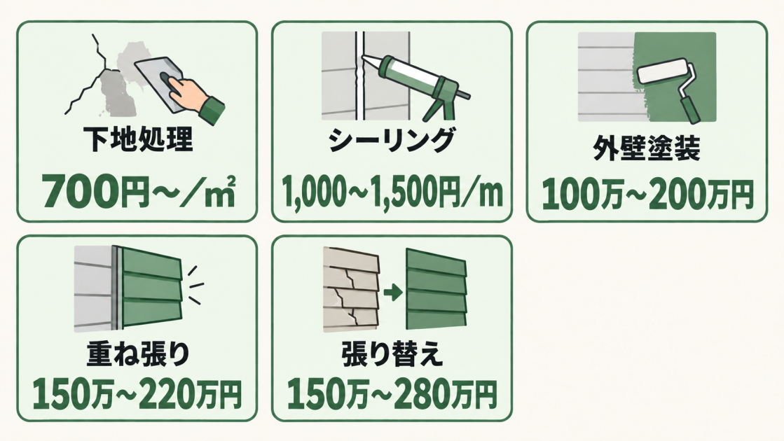 下地処理、シーリング、外壁塗装、重ね張り、張り替えの費用目安を補修方法別に示す図解