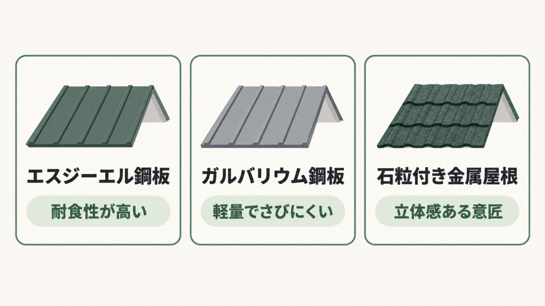 エスジーエル鋼板、ガルバリウム鋼板、石粒付き金属屋根の特徴を示した図解