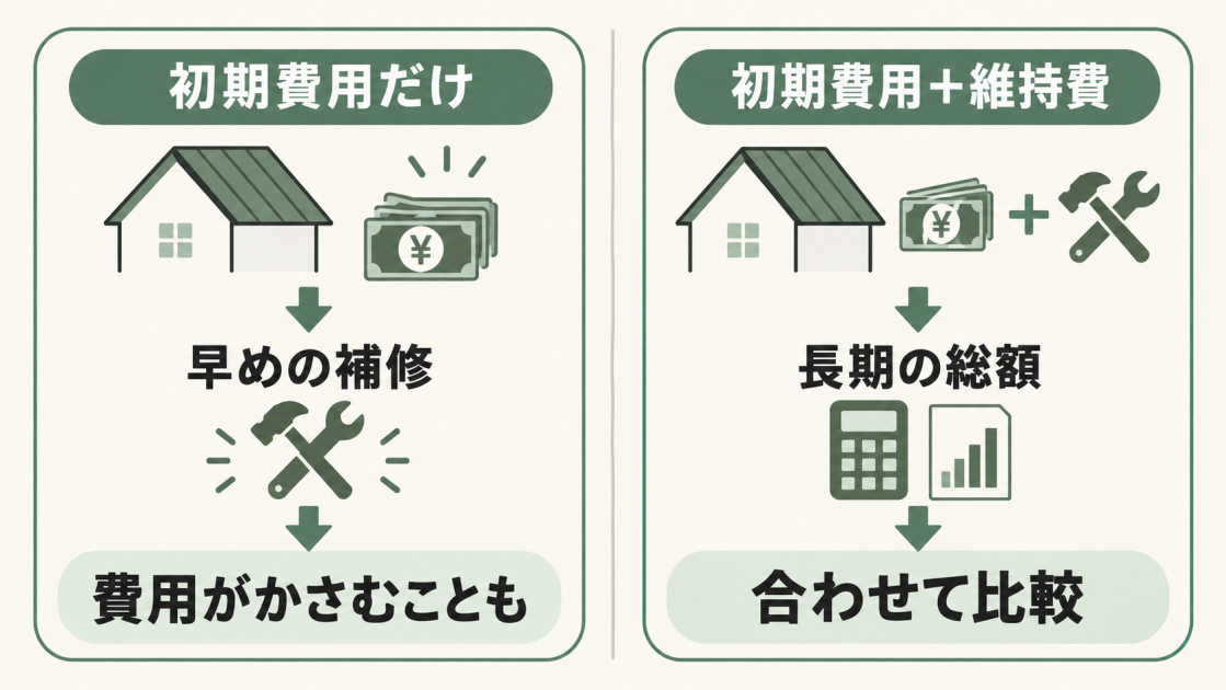 初期費用だけでなく将来の維持費を含む長期の総額で屋根材を比較することを示した図解