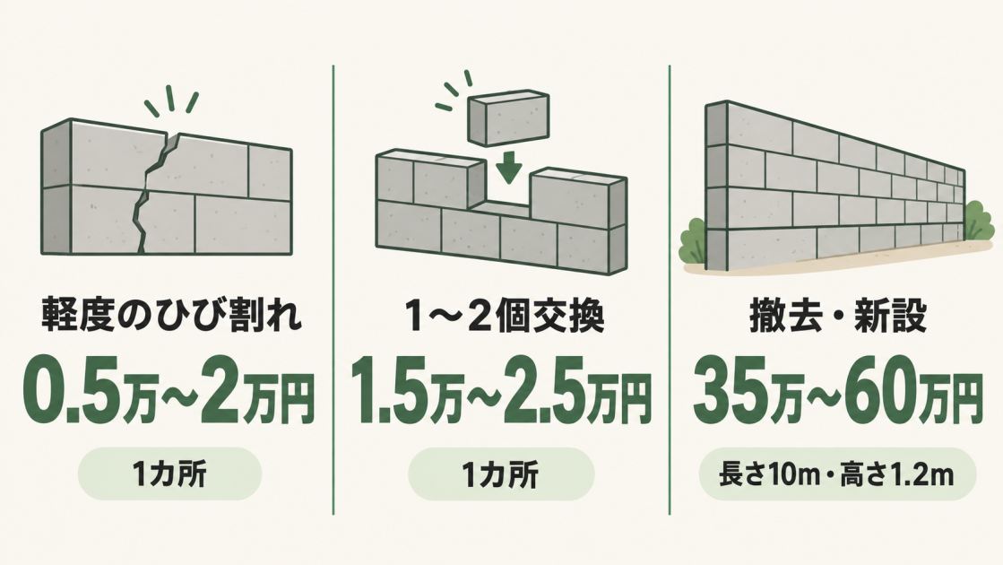 ブロック塀修理の費用目安を、軽度のひび割れ、1～2個交換、撤去・新設の3項目で示した図解
