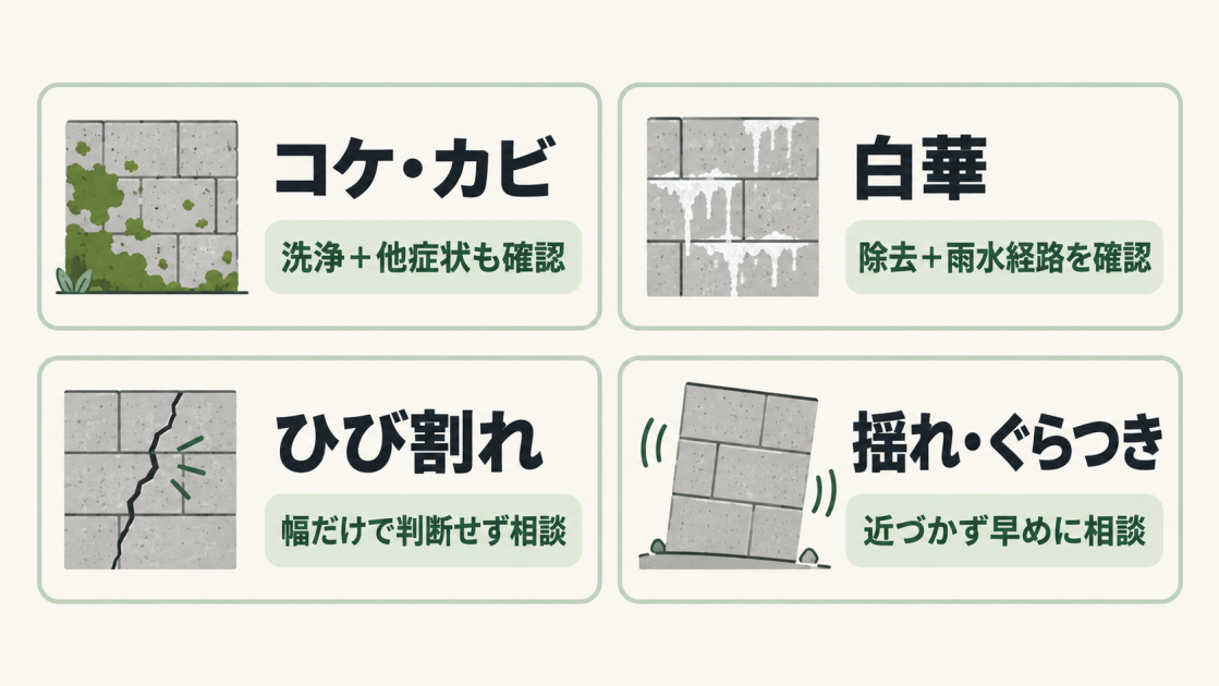 コケ・カビ、白華、ひび割れ、揺れ・ぐらつきの4症状と、それぞれの初期対応を示した図解