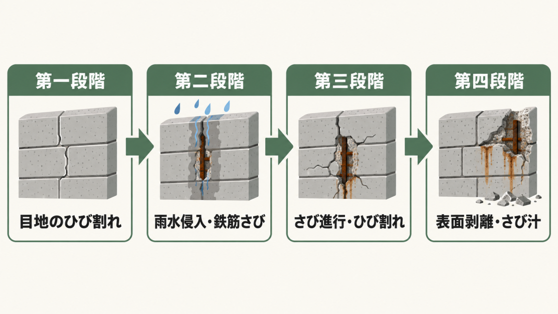 目地のひび割れから雨水侵入、鉄筋のさび、表面剥離とさび汁へ進むブロック塀の劣化4段階を示した図解