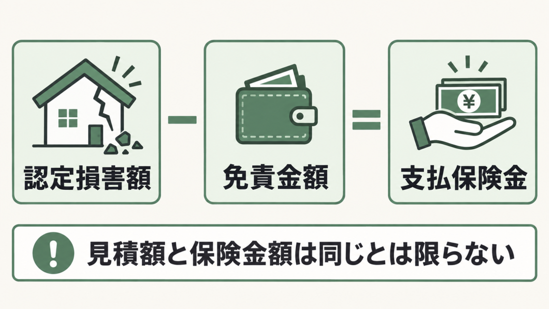 認定損害額から免責金額を差し引いて支払保険金を算出するイメージと、見積額と保険金額が同じとは限らない注意点を示した図