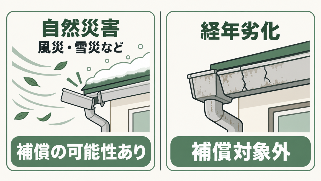 自然災害による雨樋の破損は補償される可能性があり、経年劣化は補償対象外であることを比較した図