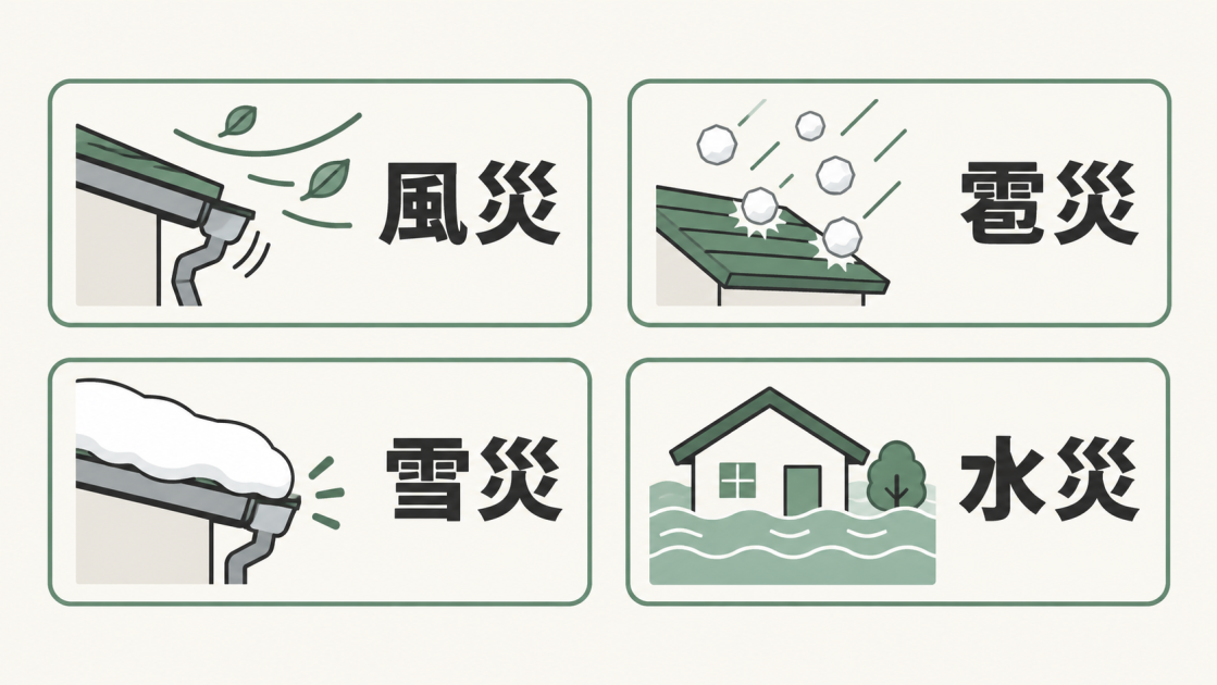 火災保険で補償される可能性がある風災・雹災・雪災・水災の4種類をアイコンで示した図