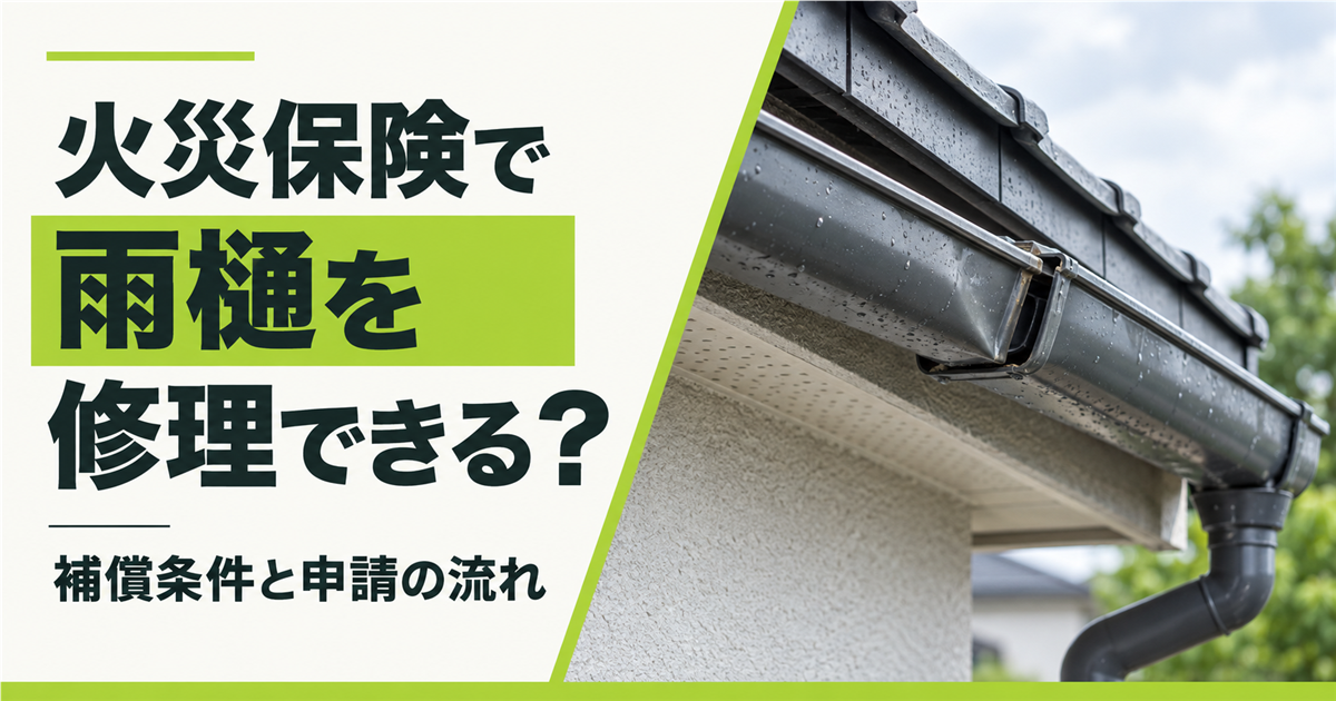 「火災保険で雨樋を修理できる?補償条件と申請の流れ」の文字と、雨にぬれた住宅の雨樋