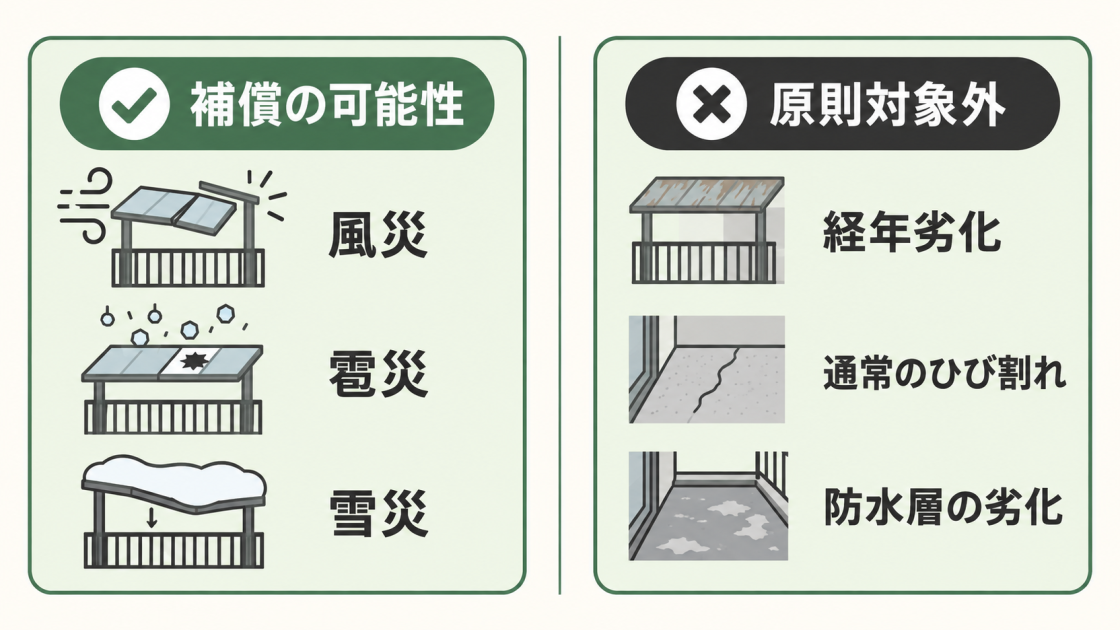 風災・雹災・雪災によるベランダ破損は補償される可能性があり、経年劣化や通常のひび割れ、防水層の劣化は原則対象外であることを比較した図解