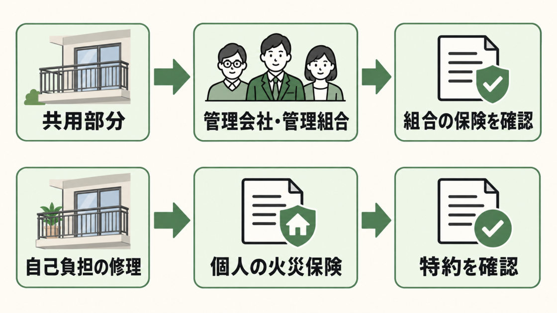 共用部分は管理会社や管理組合を通じて組合の保険を確認し、自己負担の修理は個人の火災保険の特約を確認する流れを示した図解