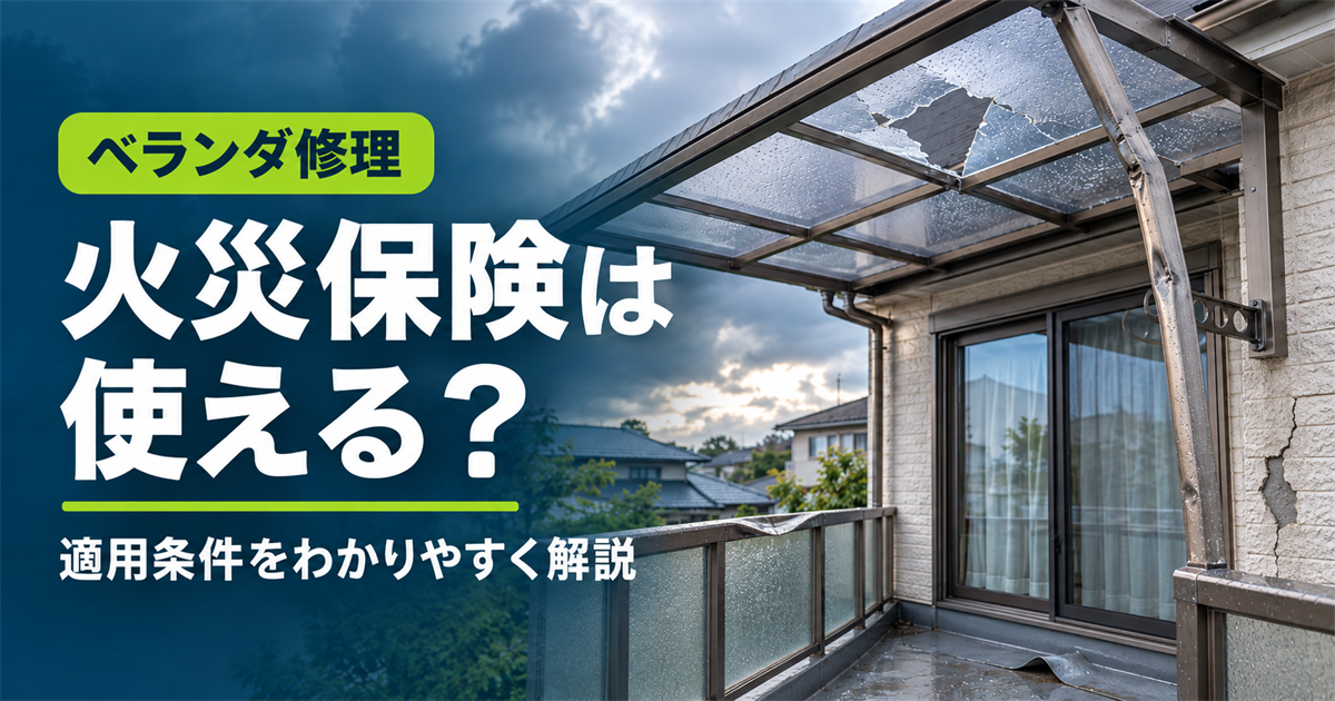 「ベランダ修理 火災保険は使える?適用条件をわかりやすく解説」の文字と、屋根パネルや外壁が破損したベランダ