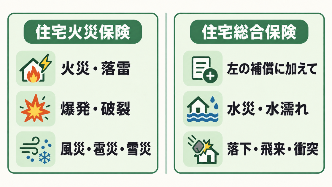 住宅火災保険の火災・落雷、爆発・破裂、風災・雹災・雪災と、住宅総合保険で加わる水災・水濡れ、落下・飛来・衝突を比較した図解