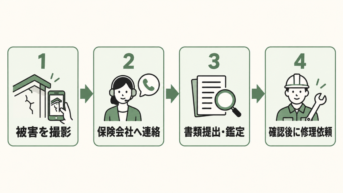 被害を撮影し、保険会社へ連絡し、書類提出と鑑定を経て、支払内容の確認後に修理を依頼する流れを示した図解
