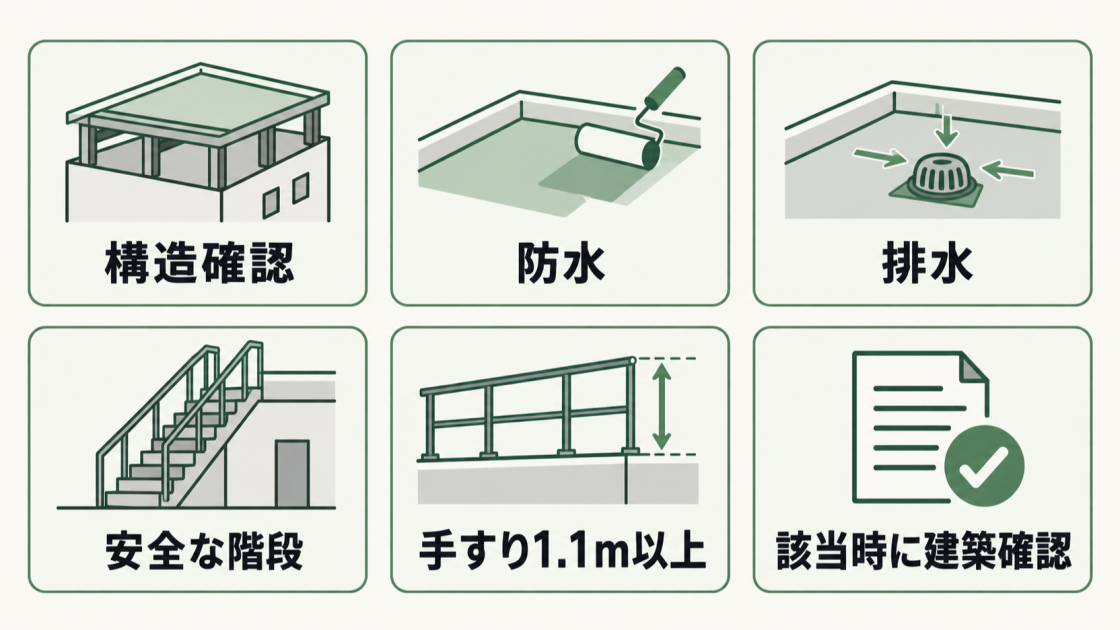 屋上の後付けに必要な構造確認、防水、排水、安全な階段、高さ1.1m以上の手すり、該当時の建築確認を示す図解