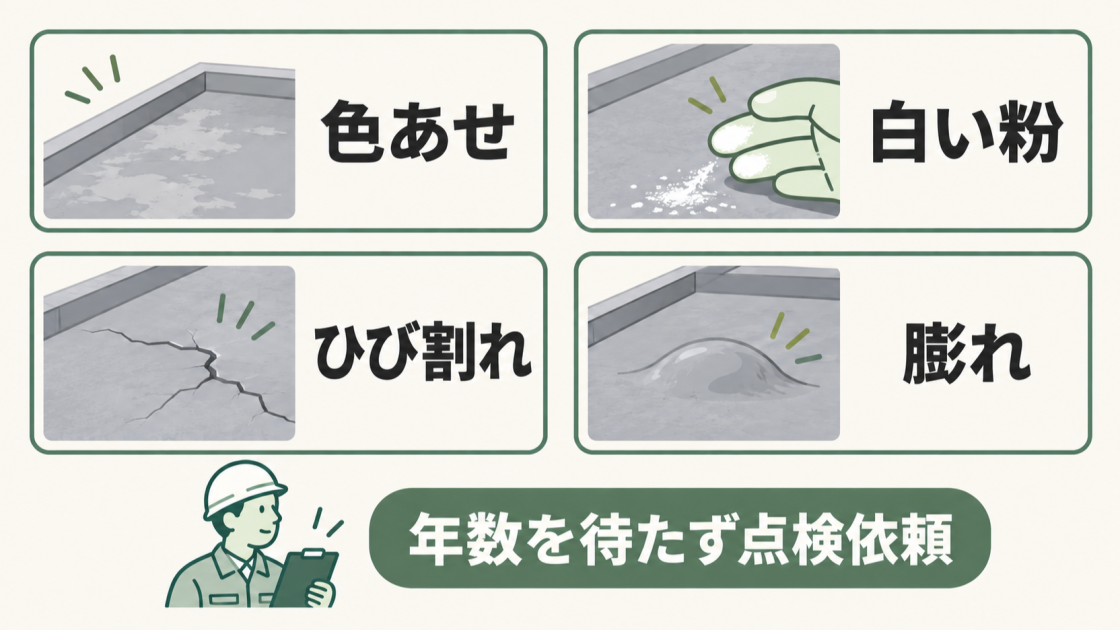 屋上防水の色あせ、白い粉、ひび割れ、膨れを見つけたら、目安の年数を待たずに点検を依頼することを示す図解