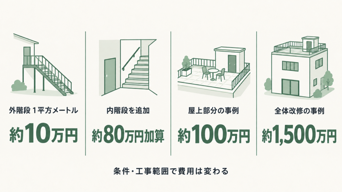 外階段プランは1平方メートルあたり約10万円、内階段は約80万円加算となる目安と、屋上部分約100万円、全体改修約1,500万円の施工事例を示す図解