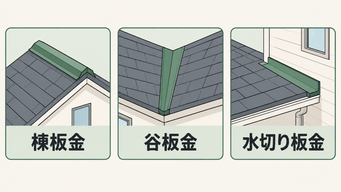 屋根の棟板金、谷板金、水切り板金の位置を3つの屋根図で示した図解