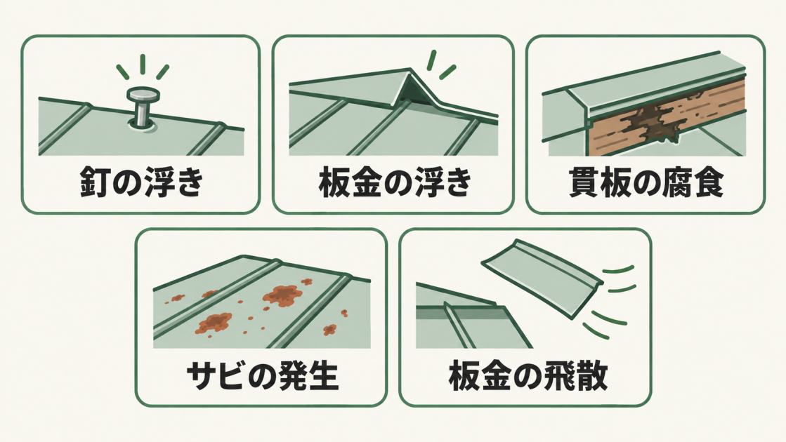 釘の浮き、板金の浮き、貫板の腐食、サビの発生、板金の飛散を示した図解