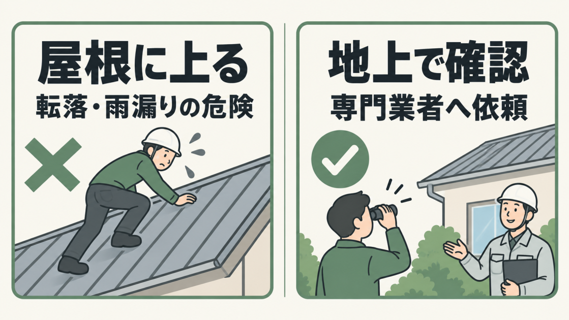 屋根に上ると転落や雨漏りの危険があり、地上から確認して専門業者へ依頼する対処を示した比較図
