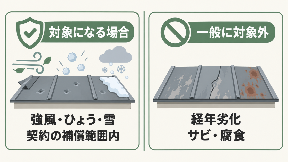 強風・ひょう・雪による契約範囲内の損害は対象になる場合があり、経年劣化やサビ・腐食は一般に対象外と示した比較図