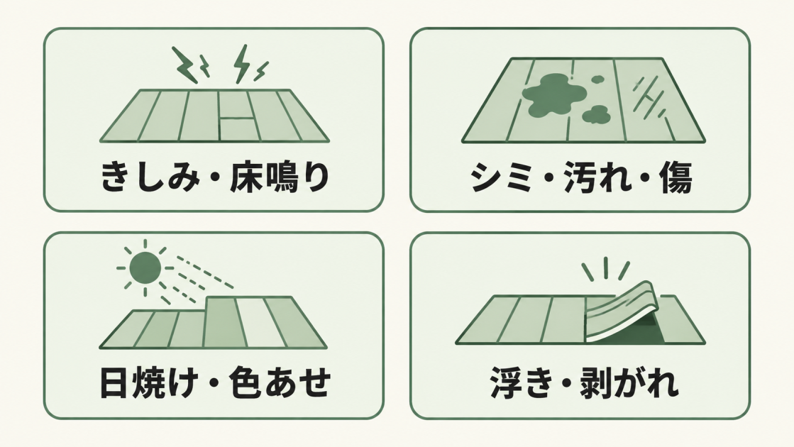 きしみや床鳴り、シミ・汚れ・傷、日焼け・色あせ、床材の浮き・剥がれを示す図解