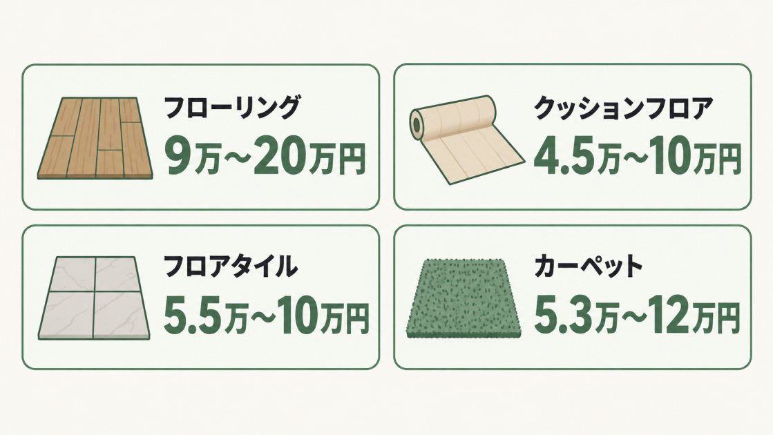 6畳の張替え費用をフローリング9万〜20万円、クッションフロア4.5万〜10万円、フロアタイル5.5万〜10万円、カーペット5.3万〜12万円で比較した図解