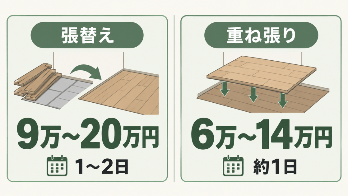 6畳フローリングの張替えは9万〜20万円で1〜2日、重ね張りは6万〜14万円で約1日と比較した図解