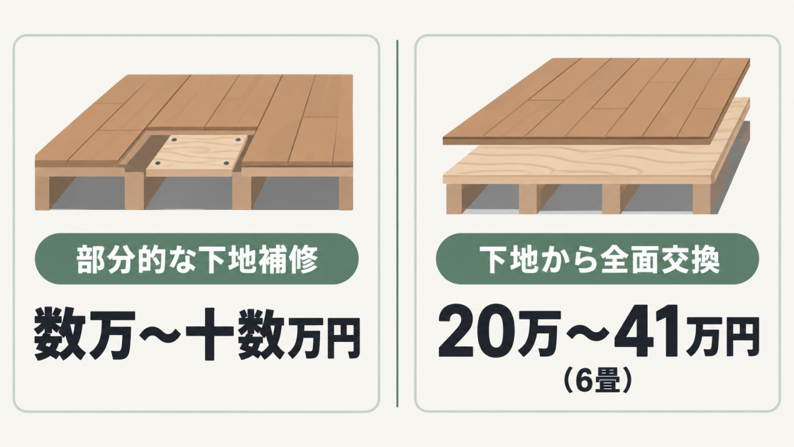 床下地の部分的な補修は数万〜十数万円、下地からフローリングまでの全面交換は6畳で20万〜41万円と示す図解