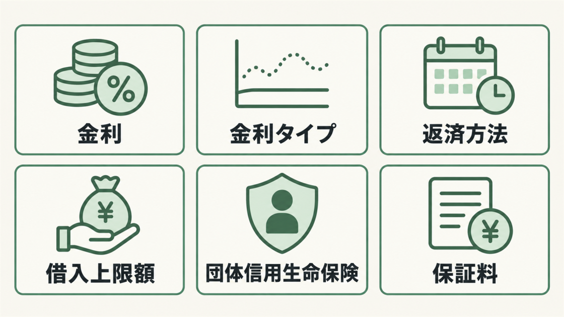 金利、金利タイプ、返済方法、借入上限額、団体信用生命保険、保証料の6項目を示した図解