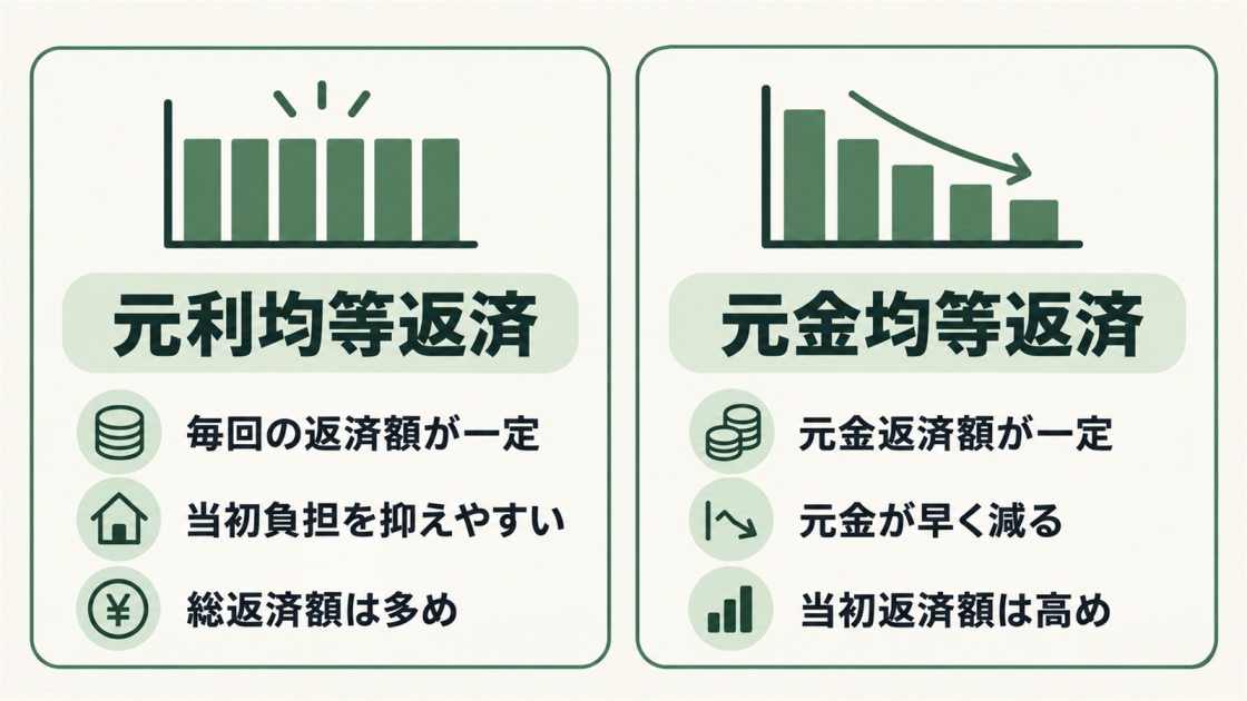 元利均等返済は毎回の返済額が一定、元金均等返済は元金返済額が一定という違いを比較した図解