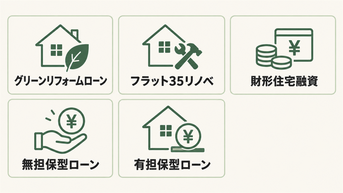 グリーンリフォームローン、フラット35リノベ、財形住宅融資、無担保型ローン、有担保型ローンの5種類を示した図解