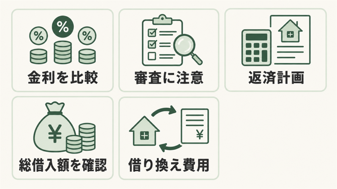 金利比較、審査、返済計画、総借入額、借り換え費用というリフォームローン利用時の5つの注意点を示した図解