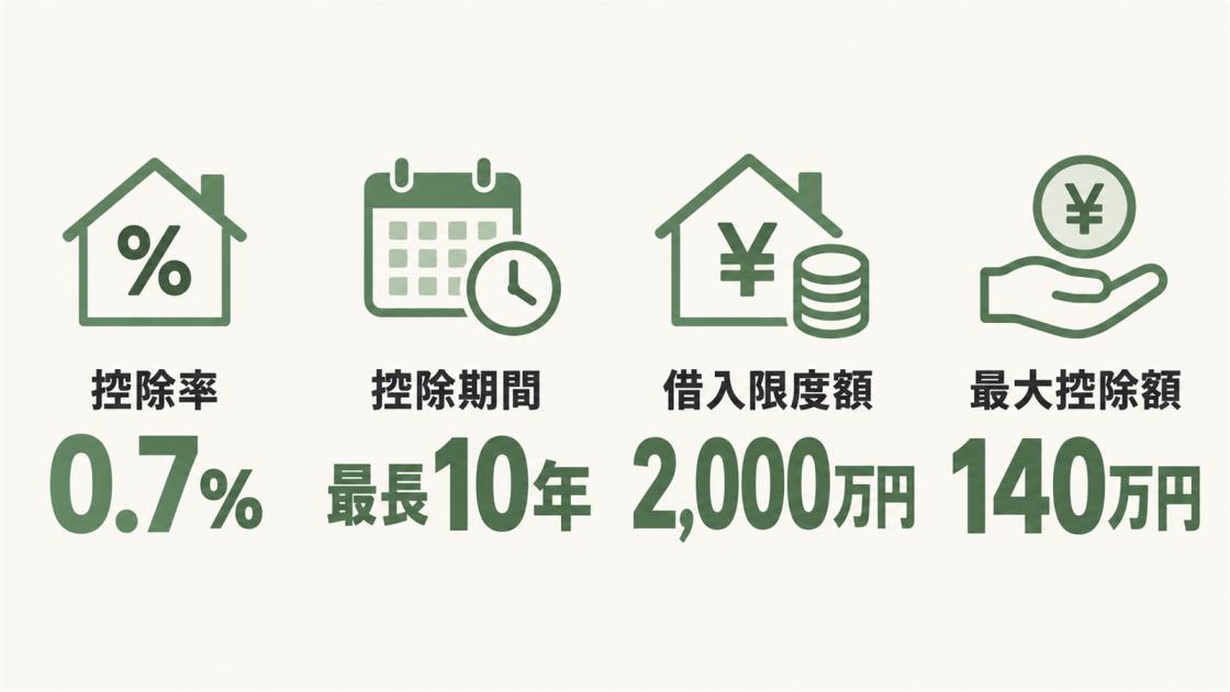 住宅ローン減税の控除率0.7％、控除期間最長10年、借入限度額2,000万円、最大控除額140万円を示した図解