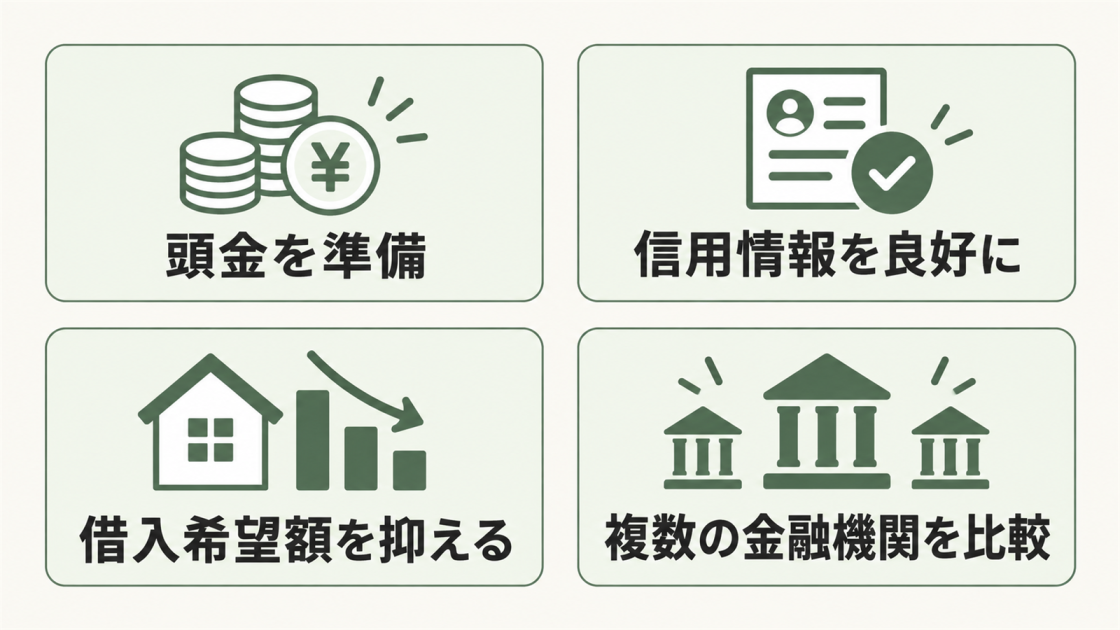 頭金の準備、信用情報の維持、借入希望額の抑制、複数の金融機関の比較という4つの審査対策を示した図解