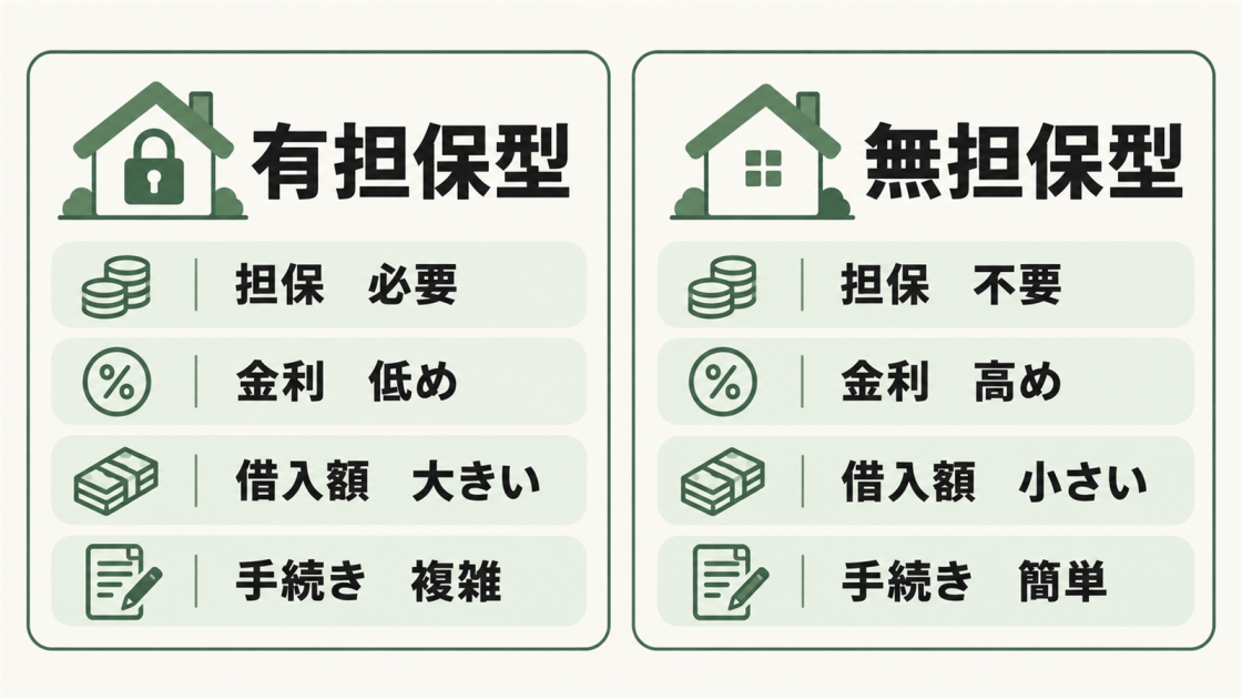有担保型は担保が必要で金利が低め、無担保型は担保不要で手続きが簡単など、両者の違いを比較した図解