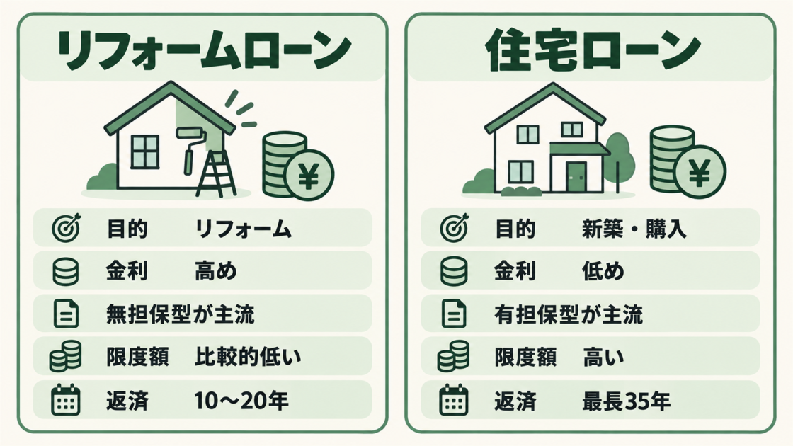 リフォームローンと住宅ローンについて、目的、金利、担保、限度額、返済期間の違いを左右で比較した図解