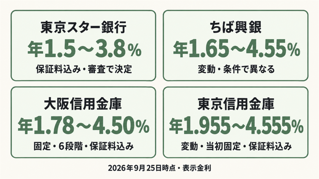 2026年9月25日時点における東京スター銀行、ちば興銀、大阪信用金庫、東京信用金庫の無担保型リフォームローンの表示金利と金利タイプを比較した図解