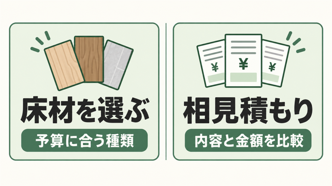 予算に合う床材を選び、複数社の見積もり内容と金額を比較する2つの節約ポイントを示す図解